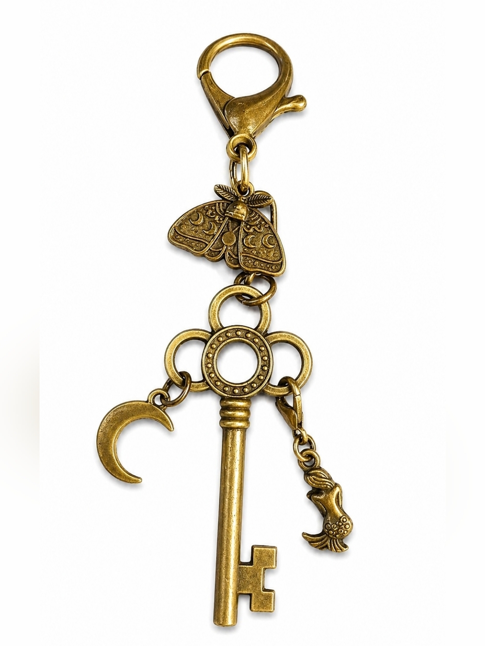 Handmade Antique Bronze Key Charm Moon Moth Crescent Mermaid Ocean Moonspell